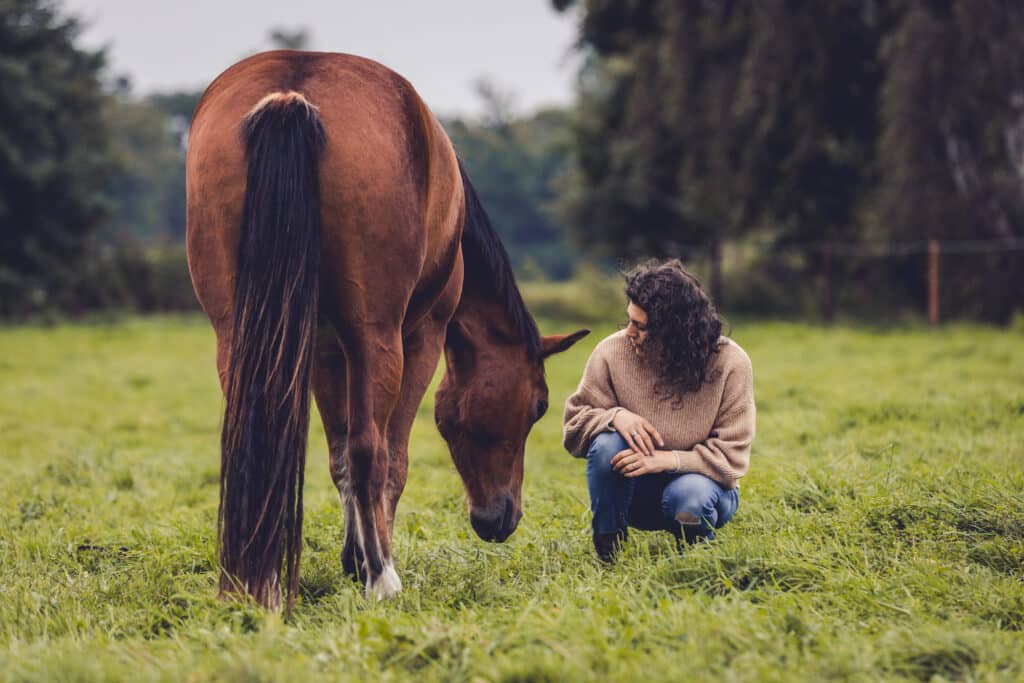 Frau hockt im Gras neben einem braunen Pferd