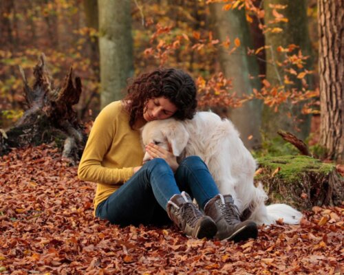 Frau mit Hund im Herbstwald